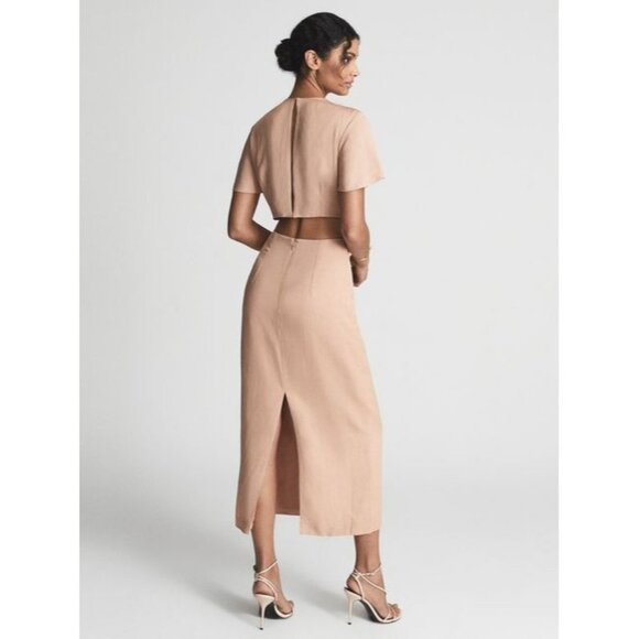 NWOT REISS IONA TIE WAIST BODYCON MIDI BLUSH DRESS SIZE 12 - Picture 2 of 10